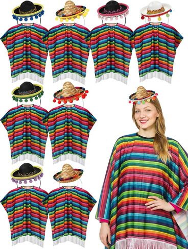 18 Pcs Mexican Fiesta Costume Cinco De Mayo Outfit Serape Poncho and Sombrero for Carnival Day of The Dead Party(Classic 3) in Saudi Arabia