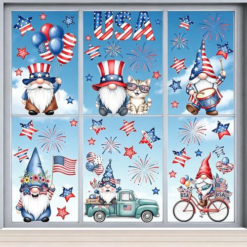9 Sheets Patriotic Gnome 4th of July Window Clings, Hianjoo 97 Pcs Red White Blue Static Decals with Stars, Independence Day Memorial Day Home Glass Party Decorations in Kuwait
