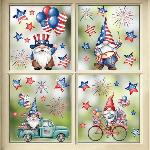 9 Sheets Patriotic Gnome 4th of July Window Clings, Hianjoo 97 Pcs Red White Blue Static Decals with Stars, Independence Day Memorial Day Home Glass Party Decorations in Kuwait
