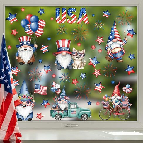 9 Sheets Patriotic Gnome 4th of July Window Clings, Hianjoo 97 Pcs Red White Blue Static Decals with Stars, Independence Day Memorial Day Home Glass Party Decorations in Kuwait