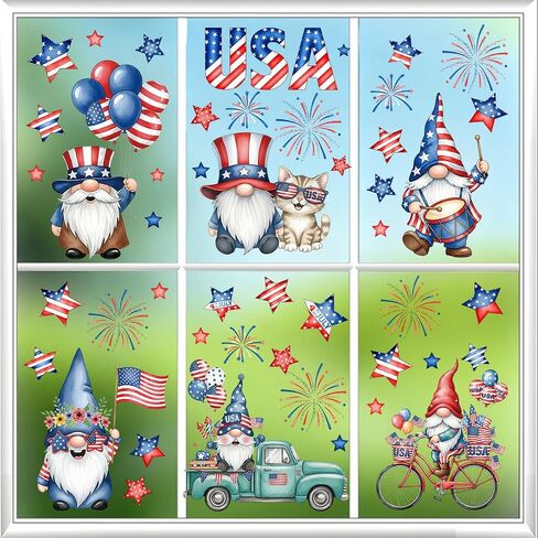 9 Sheets Patriotic Gnome 4th of July Window Clings, Hianjoo 97 Pcs Red White Blue Static Decals with Stars, Independence Day Memorial Day Home Glass Party Decorations in Kuwait