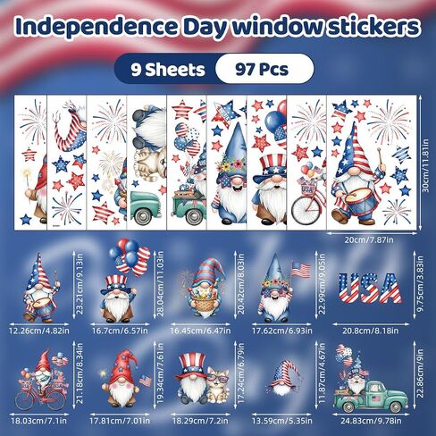9 Sheets Patriotic Gnome 4th of July Window Clings, Hianjoo 97 Pcs Red White Blue Static Decals with Stars, Independence Day Memorial Day Home Glass Party Decorations in Kuwait
