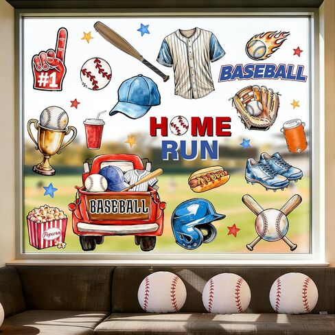 Whaline 6 Sheets Baseball Window Clings Window Decal Sports Ball Bat Helmet Truck Reusable Anti-Collision Windows Decor for Game Day Festival Birthday Party Supplies in Kuwait