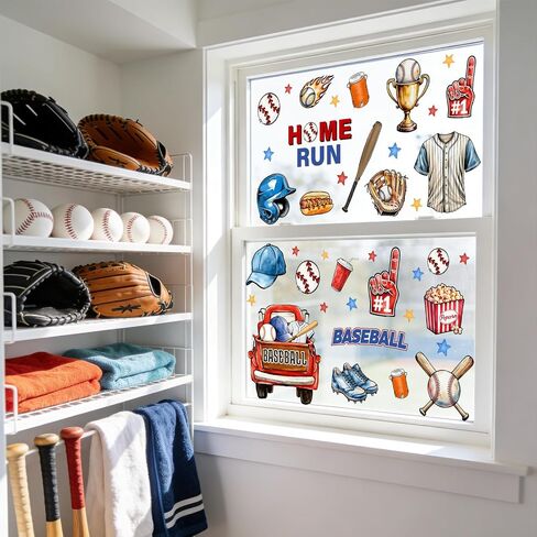Whaline 6 Sheets Baseball Window Clings Window Decal Sports Ball Bat Helmet Truck Reusable Anti-Collision Windows Decor for Game Day Festival Birthday Party Supplies in Kuwait
