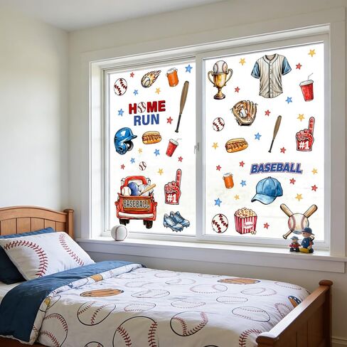 Whaline 6 Sheets Baseball Window Clings Window Decal Sports Ball Bat Helmet Truck Reusable Anti-Collision Windows Decor for Game Day Festival Birthday Party Supplies in Kuwait