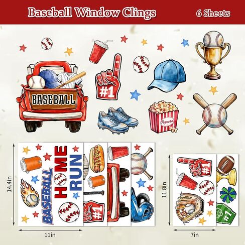 Whaline 6 Sheets Baseball Window Clings Window Decal Sports Ball Bat Helmet Truck Reusable Anti-Collision Windows Decor for Game Day Festival Birthday Party Supplies in Kuwait