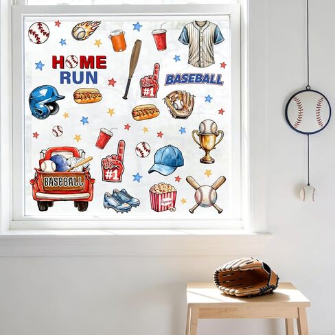 Whaline 6 Sheets Baseball Window Clings Window Decal Sports Ball Bat Helmet Truck Reusable Anti-Collision Windows Decor for Game Day Festival Birthday Party Supplies in Kuwait