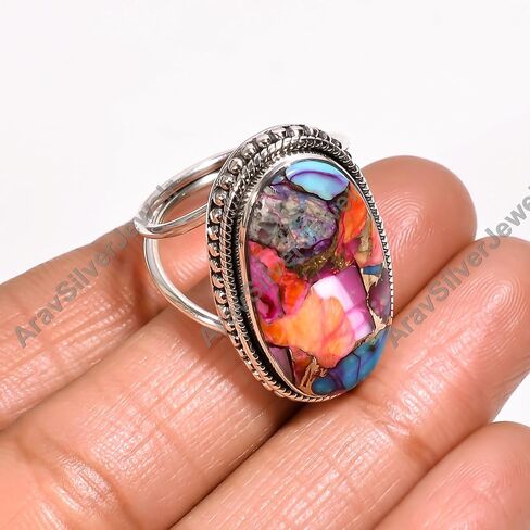Natural Top Quality Purple Spiny Oyster Turquoise Gemstone 925 Sterling Silver Handmade Design Statement Promise Wedding Ring Jewelry Gift for Wife Girlfriend in Kuwait