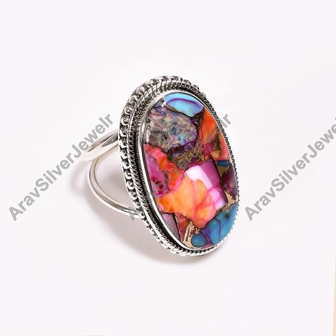 Natural Top Quality Purple Spiny Oyster Turquoise Gemstone 925 Sterling Silver Handmade Design Statement Promise Wedding Ring Jewelry Gift for Wife Girlfriend in Kuwait