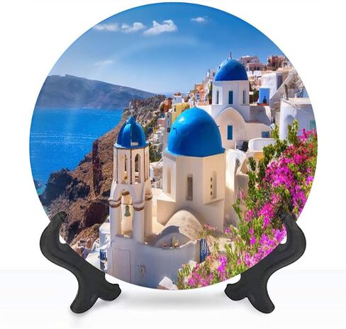 Decorative Ceramic Plates for Display with Stand, 10" Santorini Island Greece Dinner Plate for Wall Hanging Tabletop Decor Home Gifts in Saudi Arabia