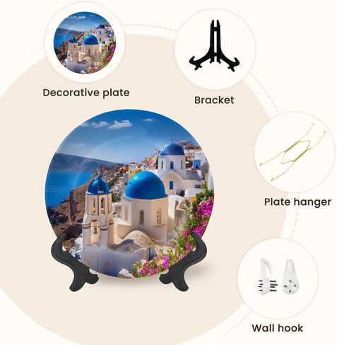 Decorative Ceramic Plates for Display with Stand, 10" Santorini Island Greece Dinner Plate for Wall Hanging Tabletop Decor Home Gifts in Saudi Arabia