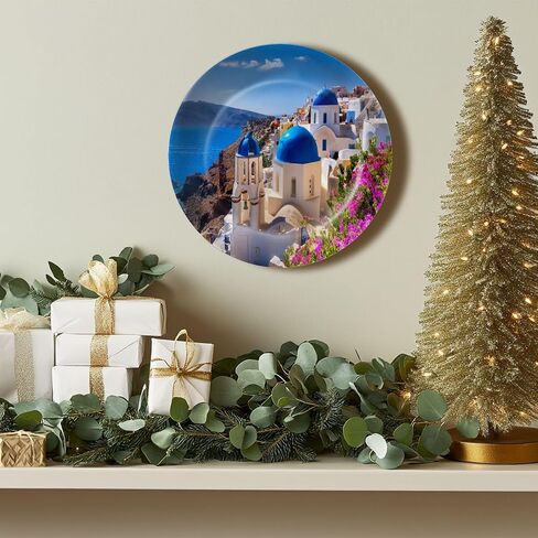 Decorative Ceramic Plates for Display with Stand, 10" Santorini Island Greece Dinner Plate for Wall Hanging Tabletop Decor Home Gifts in Saudi Arabia
