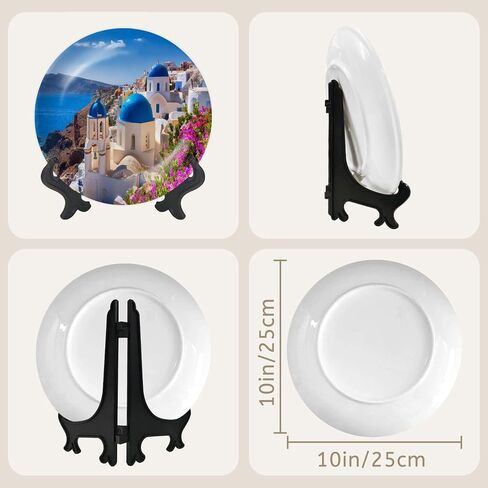Decorative Ceramic Plates for Display with Stand, 10" Santorini Island Greece Dinner Plate for Wall Hanging Tabletop Decor Home Gifts in Saudi Arabia