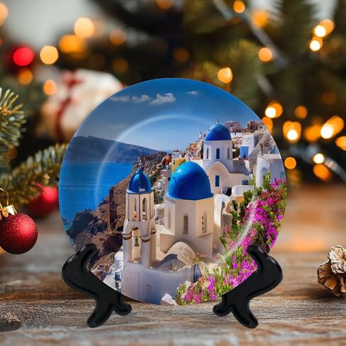 Decorative Ceramic Plates for Display with Stand, 10" Santorini Island Greece Dinner Plate for Wall Hanging Tabletop Decor Home Gifts in Saudi Arabia