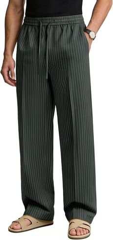 Susclude Mens Pinstripe Casual Pants Old Money Wide Leg Pleated Drawstring Baggy Trousers Work Relaxed Fit Slacks with Pocket in Saudi Arabia