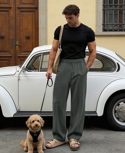 Susclude Mens Pinstripe Casual Pants Old Money Wide Leg Pleated Drawstring Baggy Trousers Work Relaxed Fit Slacks with Pocket in Saudi Arabia