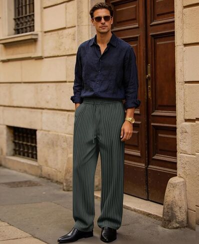 Susclude Mens Pinstripe Casual Pants Old Money Wide Leg Pleated Drawstring Baggy Trousers Work Relaxed Fit Slacks with Pocket in Saudi Arabia