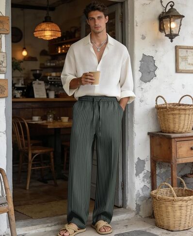 Susclude Mens Pinstripe Casual Pants Old Money Wide Leg Pleated Drawstring Baggy Trousers Work Relaxed Fit Slacks with Pocket in Saudi Arabia