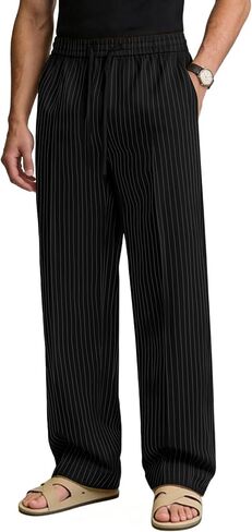 Susclude Mens Pinstripe Casual Pants Old Money Wide Leg Pleated Drawstring Baggy Trousers Work Relaxed Fit Slacks with Pocket in Saudi Arabia
