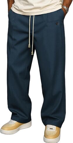 LOVESHOOT Mens Baggy Casual Dress Pants Relaxed Fit Wide Leg Slacks Drawstring Elastic Waist Straight Trousers in Saudi Arabia