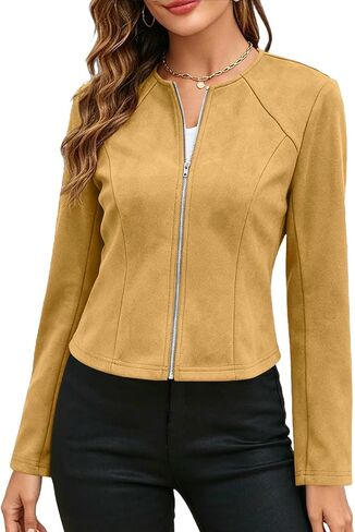 Fall Jackets For Women 2026 Faux Suede Round Neck Full Zip Jacket Long Sleeve Casual Lightweight Cropped Coats in Saudi Arabia