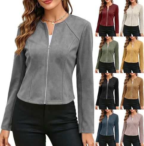Fall Jackets For Women 2026 Faux Suede Round Neck Full Zip Jacket Long Sleeve Casual Lightweight Cropped Coats in Saudi Arabia