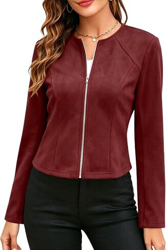 Fall Jackets For Women 2026 Faux Suede Round Neck Full Zip Jacket Long Sleeve Casual Lightweight Cropped Coats in Saudi Arabia