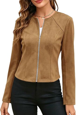 Fall Jackets For Women 2026 Faux Suede Round Neck Full Zip Jacket Long Sleeve Casual Lightweight Cropped Coats in Saudi Arabia