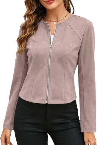 Fall Jackets For Women 2026 Faux Suede Round Neck Full Zip Jacket Long Sleeve Casual Lightweight Cropped Coats in Saudi Arabia
