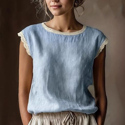 Women’s Casual Light Blue Linen Blouse with Lace Trim, Short Sleeves, Breathable and Comfortable Summer Top in Kuwait