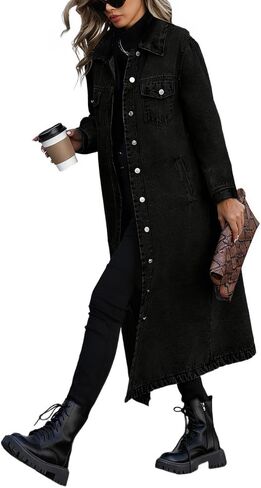 Kinghua Denim Trench Coat Women Spring Summer Casual Long Sleeve V Neck Pullover Button Down Loose Fit Long Jean Jacket in Kuwait