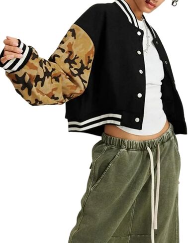 Women's Cropped Camouflage Sleeve Varsity Jacket, Casual Bomber Coat Y2K Streetwear Fall Spring Fashion in Saudi Arabia