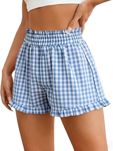 Women's Pajama Shorts Soft Ruffle Sleep Shorts,Comfy Gingham Boxer Shorts for Women Lounge Bottoms with Pockets in Saudi Arabia