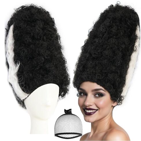 Hair Cap+Monster Bride Wig for Women Black White Beehive Wig Fluffy Curly Hair Black White Gothic Outfit Monster Bride Cosplay Costume Synthetic Beehive Outfit for Theme Party Halloween Cosplay in Saudi Arabia