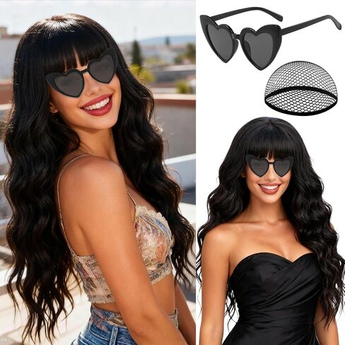 PLULON Auburn Wavy Wig with Bangs for Women, Long Wavy Curly Wigs with Hair Cap Heart-Shaped Sunglasses Heat Resistant Synthetic Curly Hair Natural Looking for Girls Cosplay Bachelor Party Daily Use in Kuwait