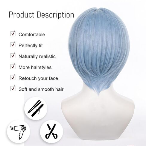 Short Blue Cosplay Wig Light Blue Anime Wig Bob with Bangs Heat Resistant Hairwig for Cosplay Costume Anime Halloween (Short Blue) in Saudi Arabia