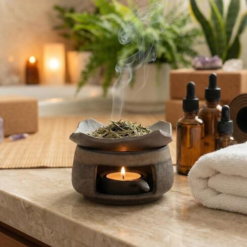 Ceremony Ceramic Incense Holder Aromatherapy Diffuser, White Sage Incense Burner, Herb Burner & Candle Wax Warmer with Tealight Holder, Home Fragrance Accessories for Relaxation & Meditation in Saudi Arabia