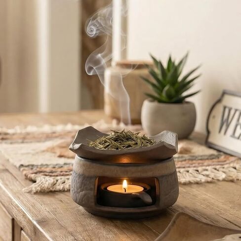 Ceremony Ceramic Incense Holder Aromatherapy Diffuser, White Sage Incense Burner, Herb Burner & Candle Wax Warmer with Tealight Holder, Home Fragrance Accessories for Relaxation & Meditation in Saudi Arabia