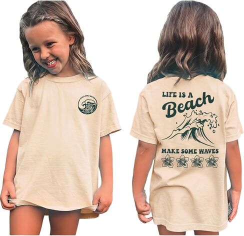Ritatte Toddler Girls Hawaiian Beach Shirts Summer Graphic T-Shirt Tropical Flower Tees Wave Ocean Vibes Vacation Tops in Kuwait