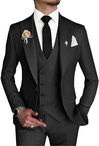 Mens Suit Slim Fit 3 Piece Double Breasted Vest Suit Blazer Vest and Pants in Kuwait