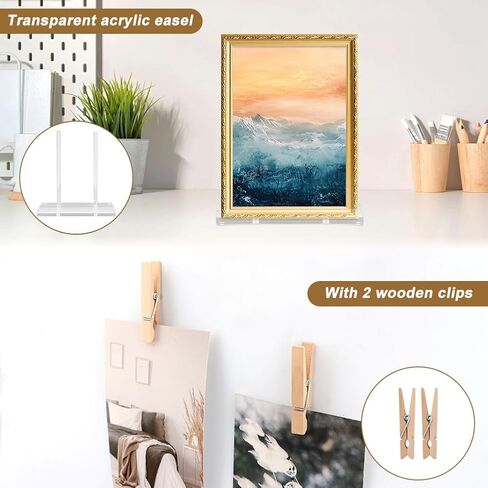 Acrylic Display Stand Set, Tabletop Book Art Display Holder Clear Easel Stand Artwork Storage Rack with Wood Mini Clips for Picture Frame Photo Decorative Plate Record Magazine(COLOR:Transparent) in Saudi Arabia