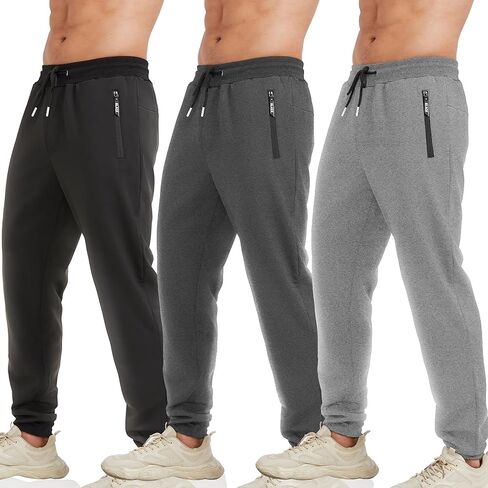 3 Pack Mens Joggers Pants with Zip Pockets Gym Running Sweatpants(Black,Dark Gray,Light Gray,L) in Kuwait