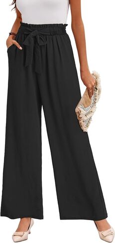Wide Leg Palazzo Pants Woman with Pockets High Waist Pant Adjustable Knot Loose Trousers Business Casual Work Pants in Kuwait