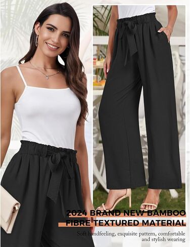 Wide Leg Palazzo Pants Woman with Pockets High Waist Pant Adjustable Knot Loose Trousers Business Casual Work Pants in Kuwait