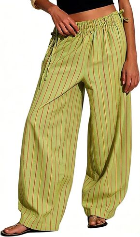 Women Drawstring Striped Wide Leg Pants Summer Causal Barrel Loose Elastic Low Waist Palazzo Harem Pants Trousers Green in Saudi Arabia
