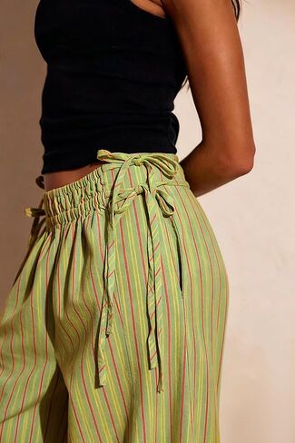 Women Drawstring Striped Wide Leg Pants Summer Causal Barrel Loose Elastic Low Waist Palazzo Harem Pants Trousers Green in Saudi Arabia