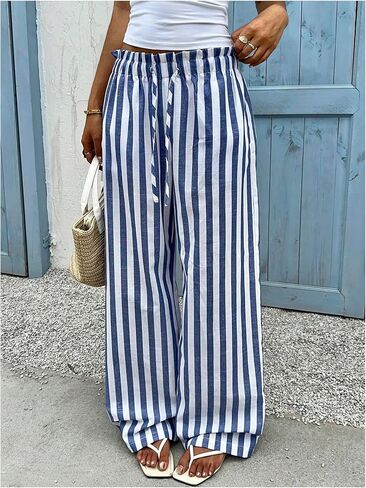 MakeMeChic Women's Striped Wide Leg Pants Tie Front Summer Beach Palazzo Trousers in Kuwait