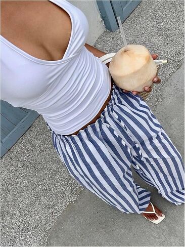 MakeMeChic Women's Striped Wide Leg Pants Tie Front Summer Beach Palazzo Trousers in Kuwait