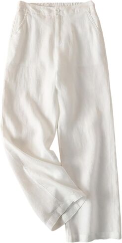 Womens 100% Linen Pants Wide Leg High Waist Casual Summer Beach Travel Vacation Lightweight Straight Trousers in Kuwait