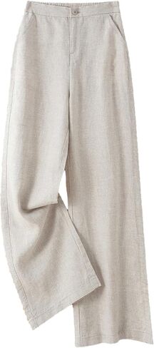 Womens 100% Linen Pants Wide Leg High Waist Casual Summer Beach Travel Vacation Lightweight Straight Trousers in Kuwait